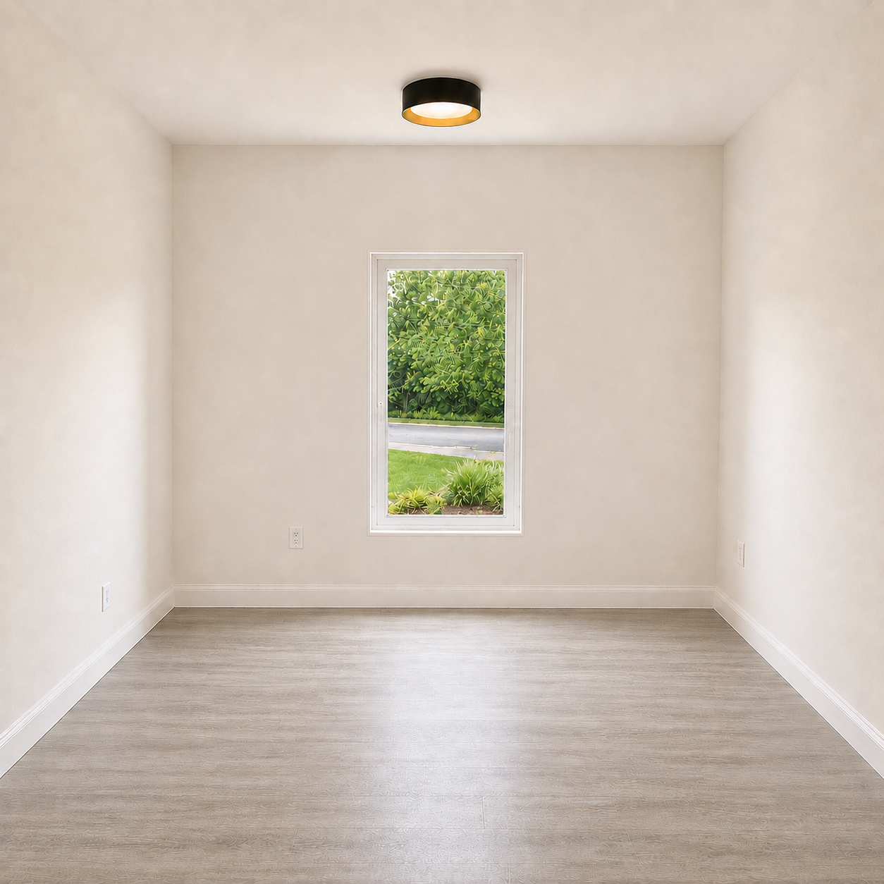 Unfurnished bedroom with wood-look flooring and window overlooking greenery