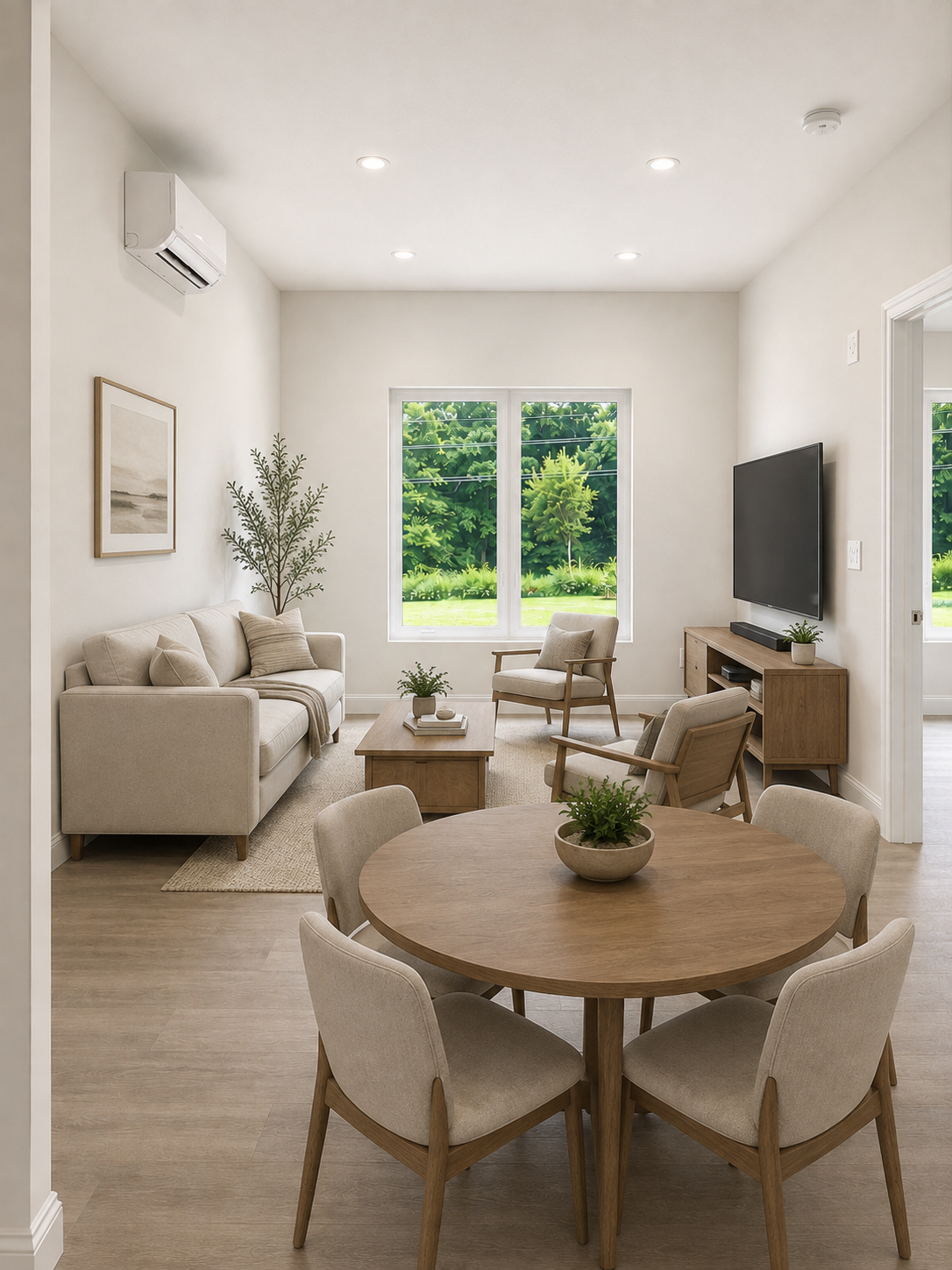 Furnished living area at Prospect Square with sofa, dining table, and large window