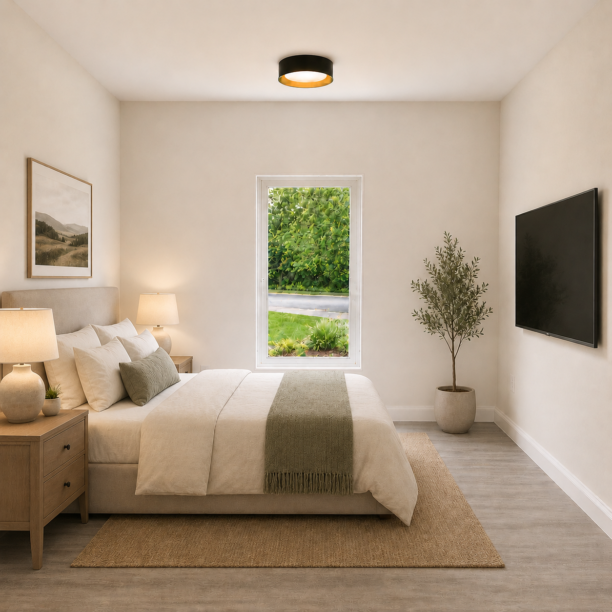 Furnished bedroom with queen bed, window overlooking greenery and wall-mounted TV
