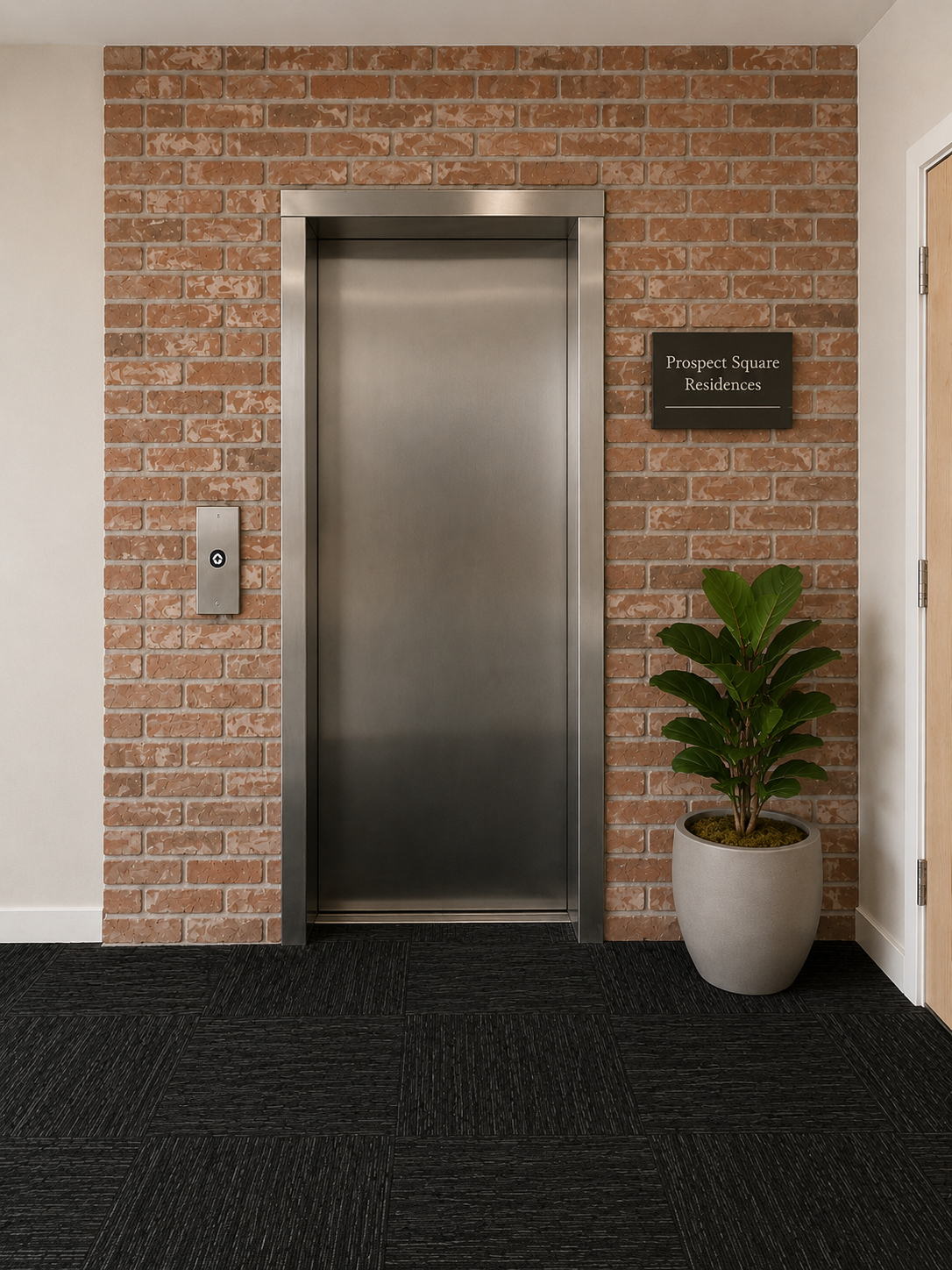 Elevator entry with brick surround and Prospect Square Residences sign