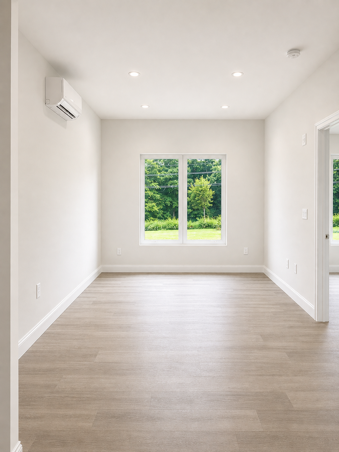 Unfurnished living area with wood-look flooring, recessed lighting and window overlooking greenery