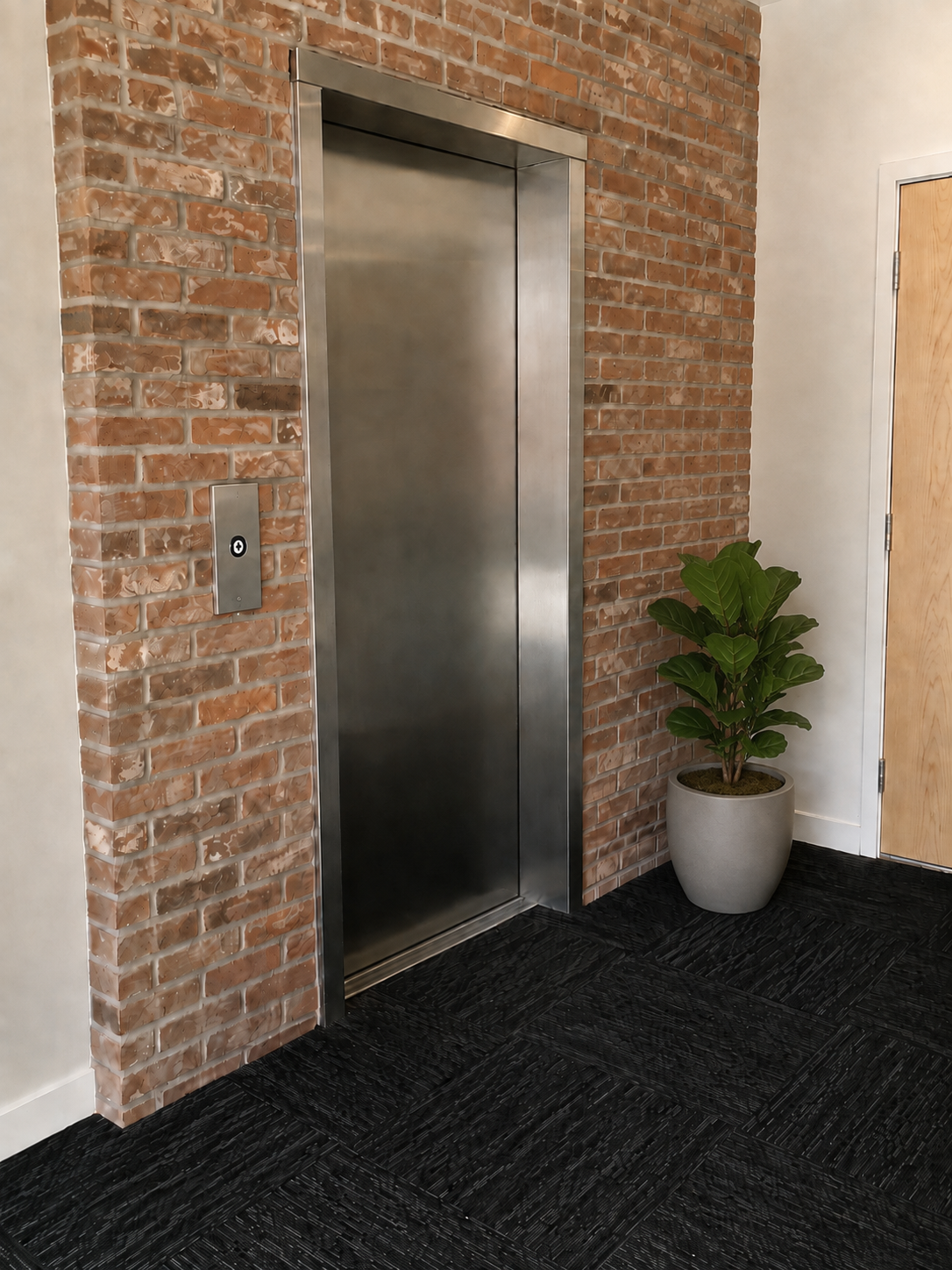 Elevator lobby with exposed brick surround and stainless steel doors