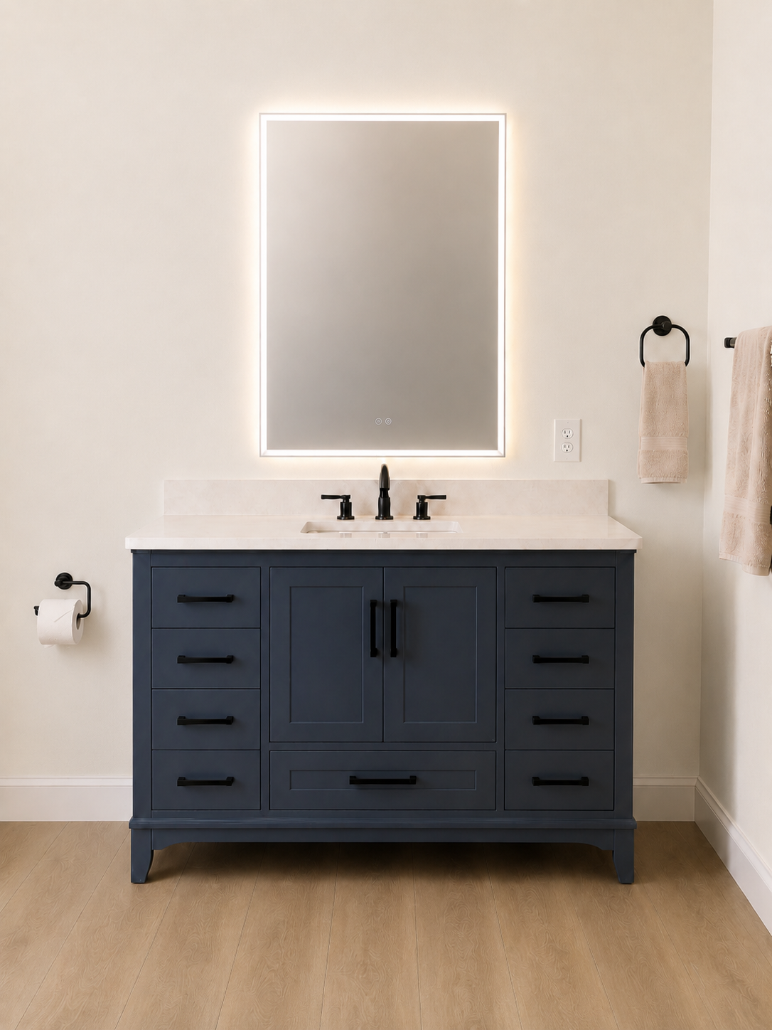 Bathroom vanity with navy cabinetry, quartz top and backlit mirror
